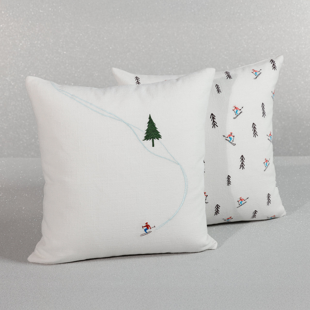 Zodax Ski Mountain Winter Scene Cotton Embroidered Throw Pillow, 16" x 16", Downhill Skier