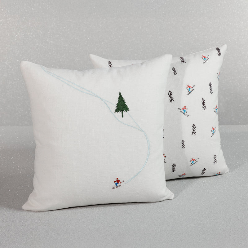Zodax Ski Mountain Winter Scene Cotton Embroidered Throw Pillow, 16" x 16", Downhill Skier