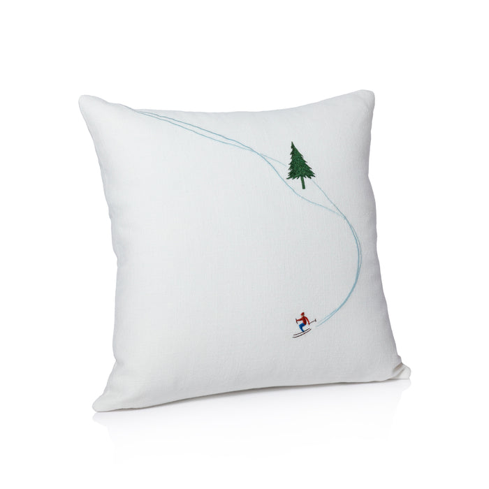 Zodax Ski Mountain Winter Scene Cotton Embroidered Throw Pillow, 16" x 16", Downhill Skier