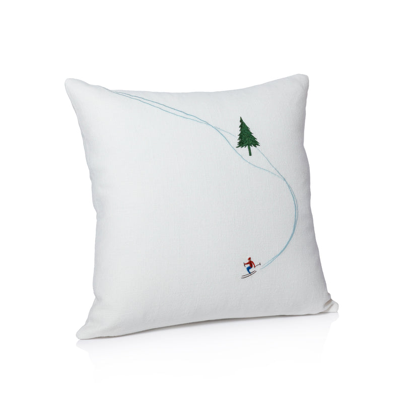 Zodax Ski Mountain Winter Scene Cotton Embroidered Throw Pillow, 16" x 16", Downhill Skier