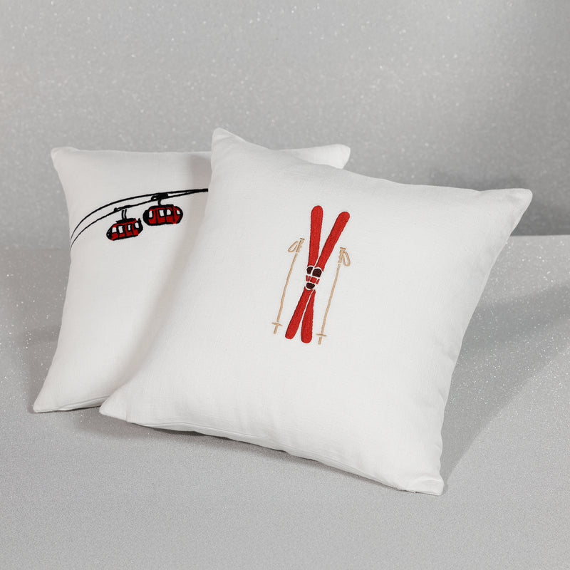 Zodax Ski Mountain Winter Scene Cotton Embroidered Throw Pillow, 16" x 16", Skis & Poles