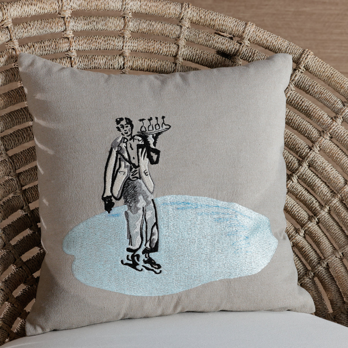 Zodax St. Moritz Glam Cotton Embroidered Throw Pillow, 16" x 16", Waiter on Ice Skate