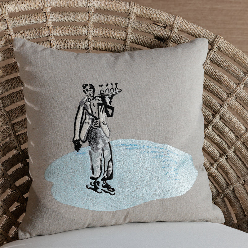 Zodax St. Moritz Glam Cotton Embroidered Throw Pillow, 16" x 16", Waiter on Ice Skate
