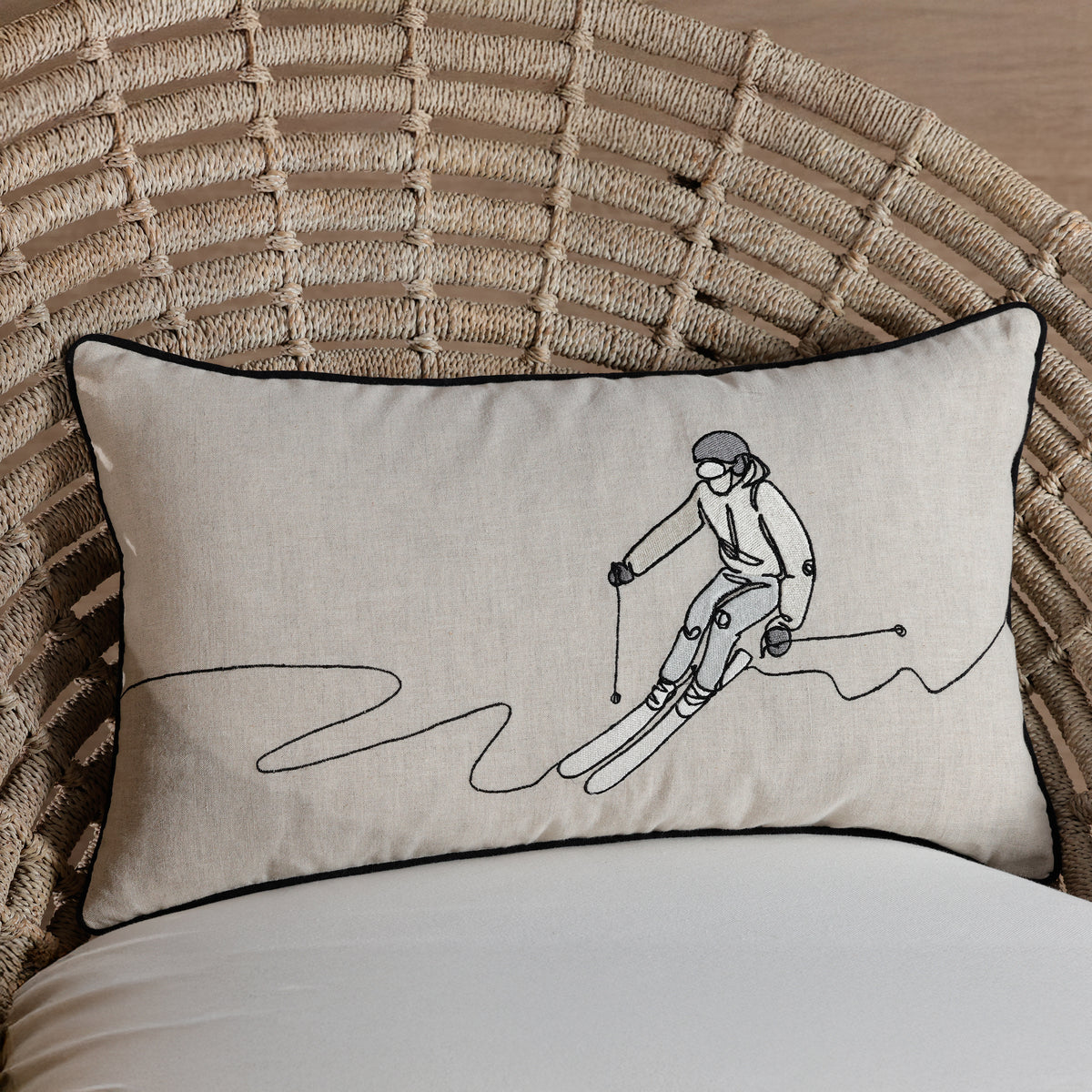 Zodax Suvretta Linen Embroidered Lumbar Throw Pillow, Skier