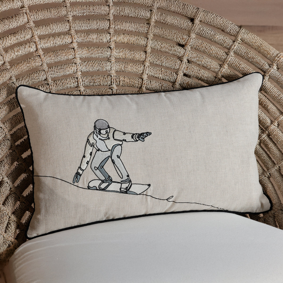 Zodax Suvretta Linen Embroidered Lumbar Throw Pillow, Snowboarder