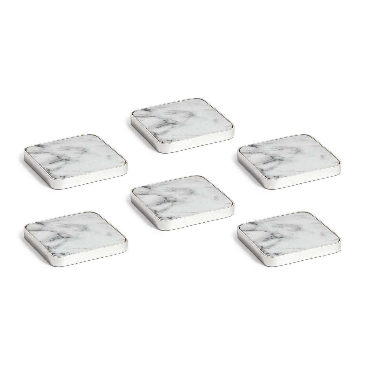 Zodax Roku Silver Border White Marble Drink Coasters, Set of 6