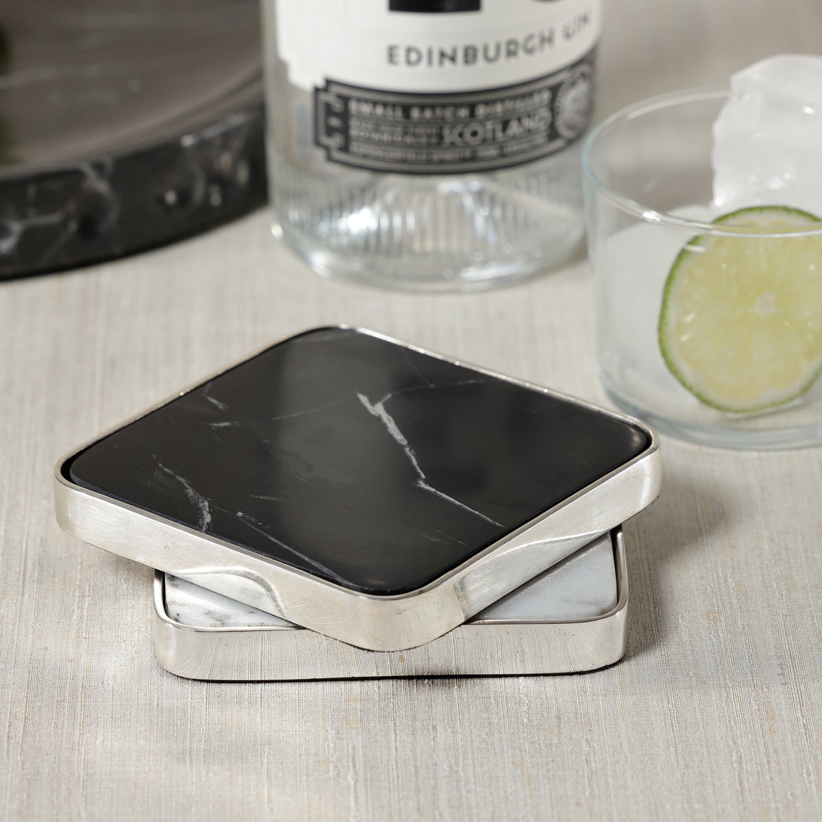 Zodax Roku Silver Border Black Marble Drink Coasters, Set of 6