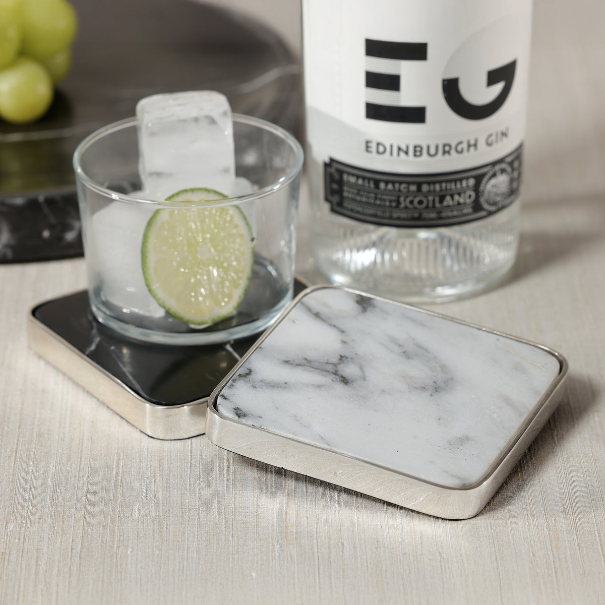 Zodax Roku Silver Border Black Marble Drink Coasters, Set of 6