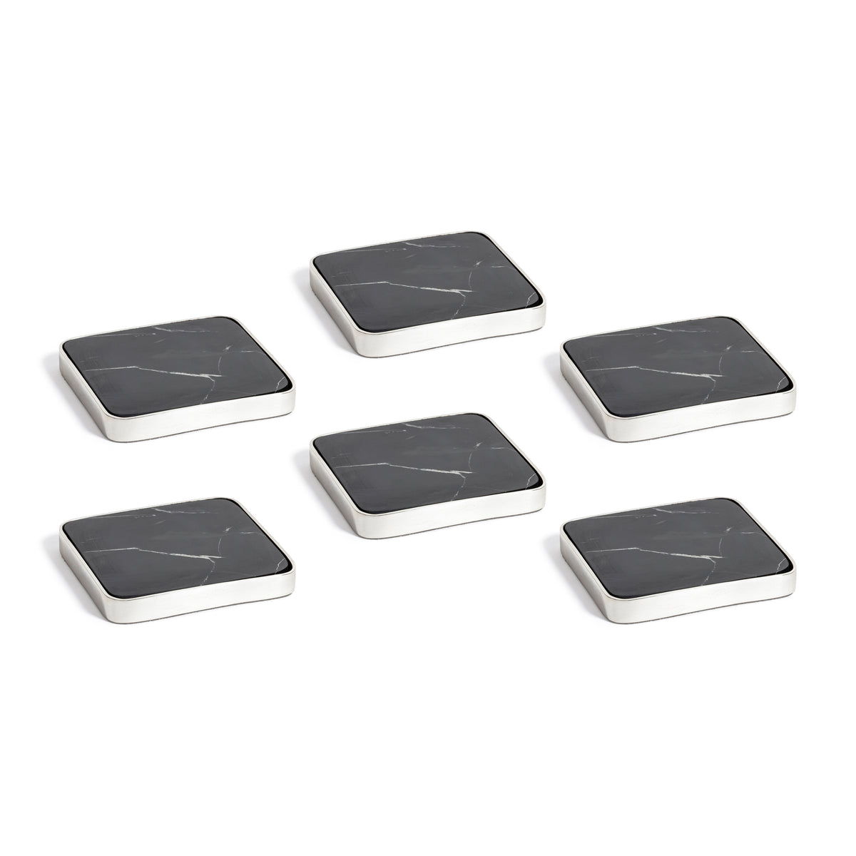 Zodax Roku Silver Border Black Marble Drink Coasters, Set of 6