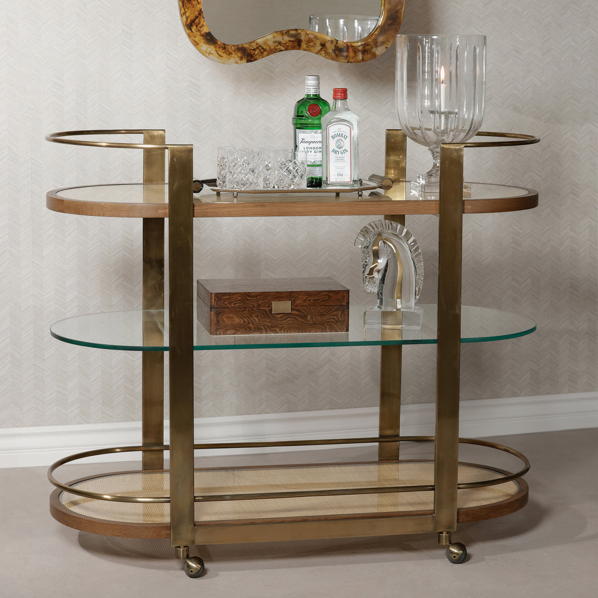 Zodax Sloane Oak Wood Metal Oval Bar Cart