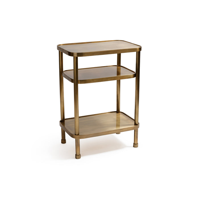 Bronze side table with two shelves on a white background