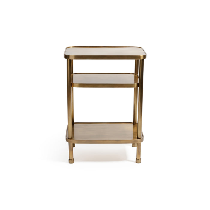 Three-tiered side table with gold frame and white marble top on a white background