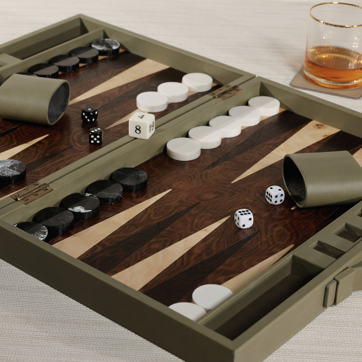 Zodax Geneva 19" Folding Backgammon Board Game Set – Wood Veneer Playing Surface - Dusty Green