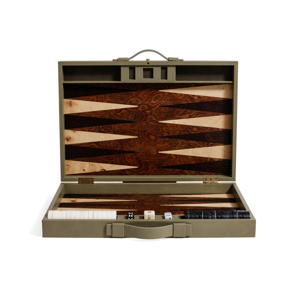 Zodax Geneva 19" Folding Backgammon Board Game Set – Wood Veneer Playing Surface - Dusty Green