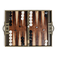 Zodax Geneva 19" Folding Backgammon Board Game Set – Wood Veneer Playing Surface - Dusty Green