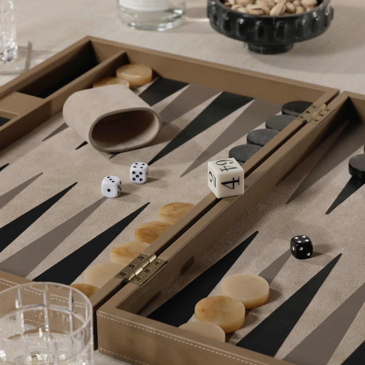 Zodax Geneva 19" Folding Backgammon Board Game Set – Suede Leather Playing Surface - Taupe