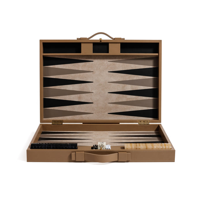 Zodax Geneva 19" Folding Backgammon Board Game Set – Suede Leather Playing Surface - Taupe