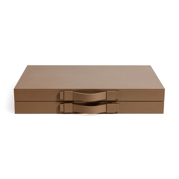 Zodax Geneva 19" Folding Backgammon Board Game Set – Suede Leather Playing Surface - Taupe
