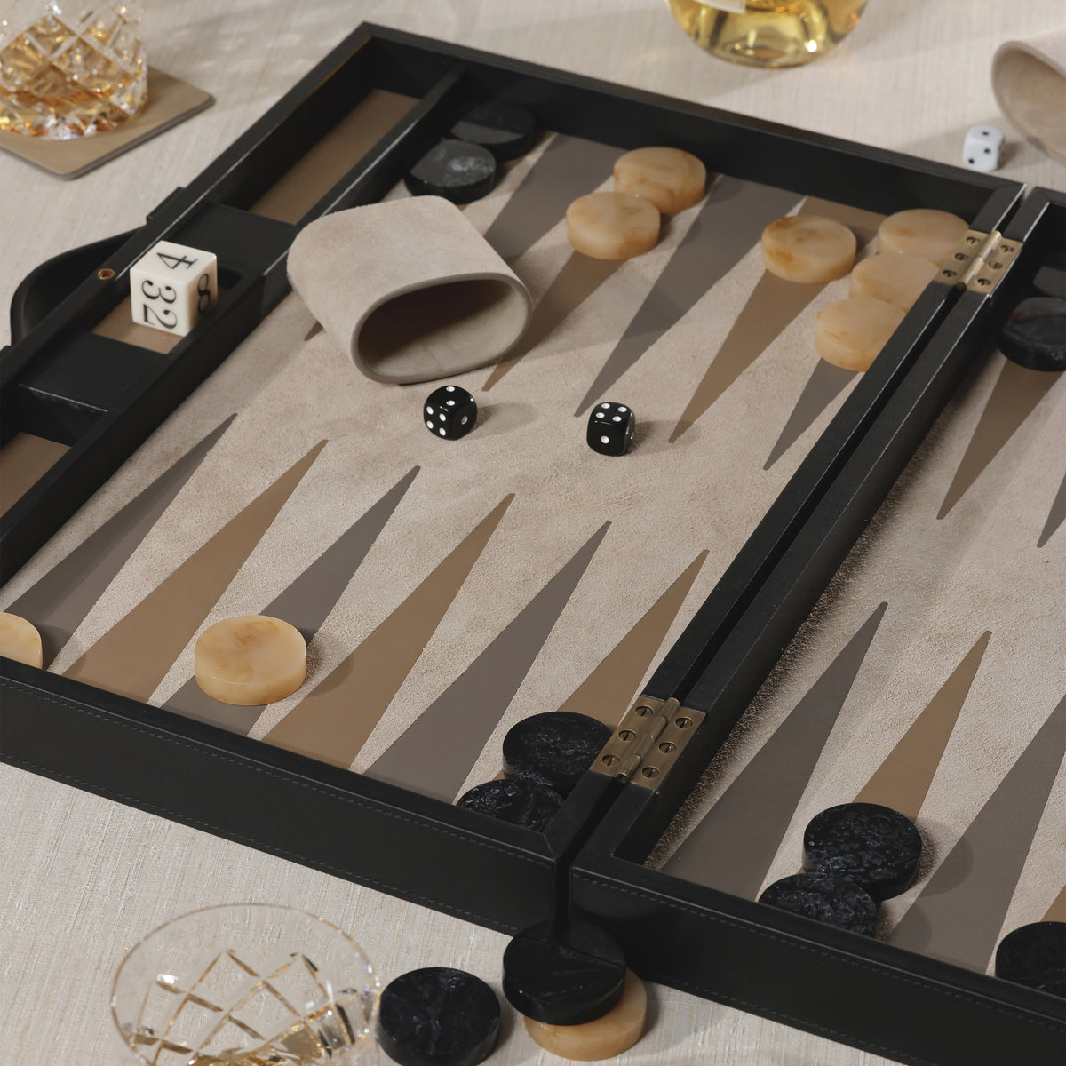 Zodax Geneva 19" Folding Backgammon Board Game Set – Suede Leather Playing Surface - Midnight Black