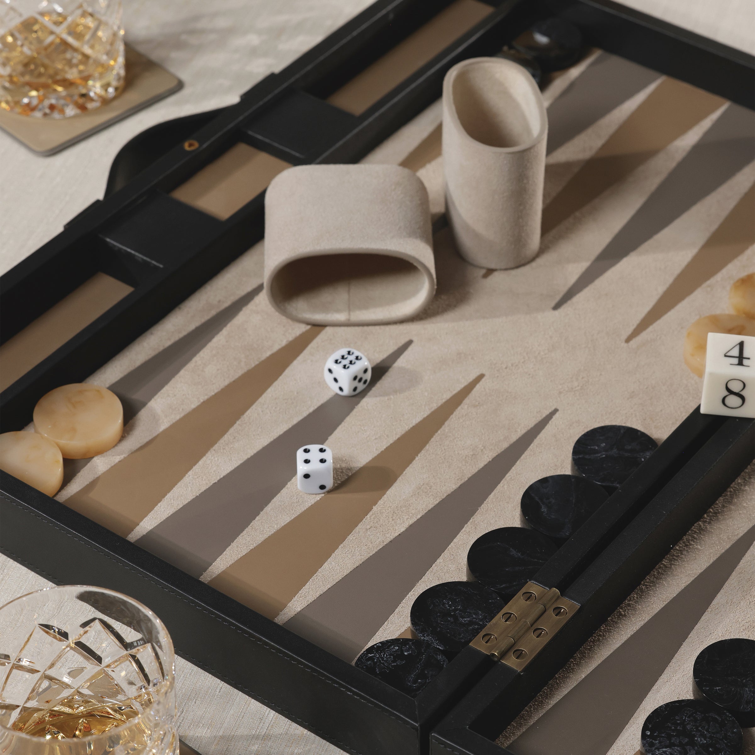 Zodax Geneva 19" Folding Backgammon Board Game Set – Suede Leather Playing Surface - Midnight Black