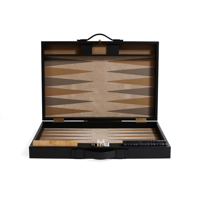 Zodax Geneva 19" Folding Backgammon Board Game Set – Suede Leather Playing Surface - Midnight Black
