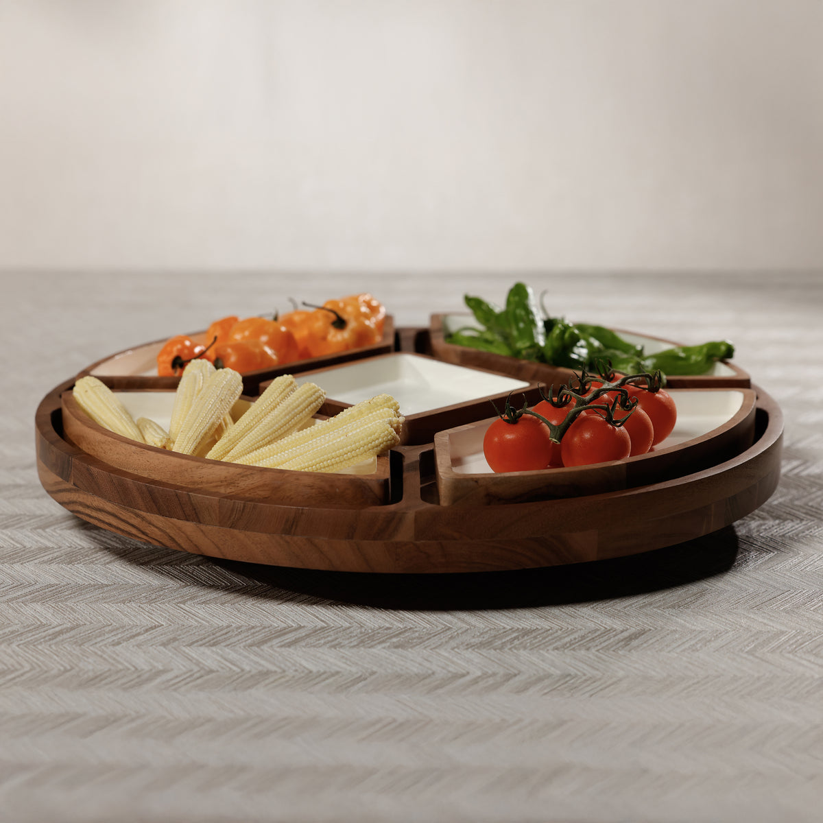 Zodax Acacia Wood Lazy Susan Serving Tray with 5 Condiment Sections