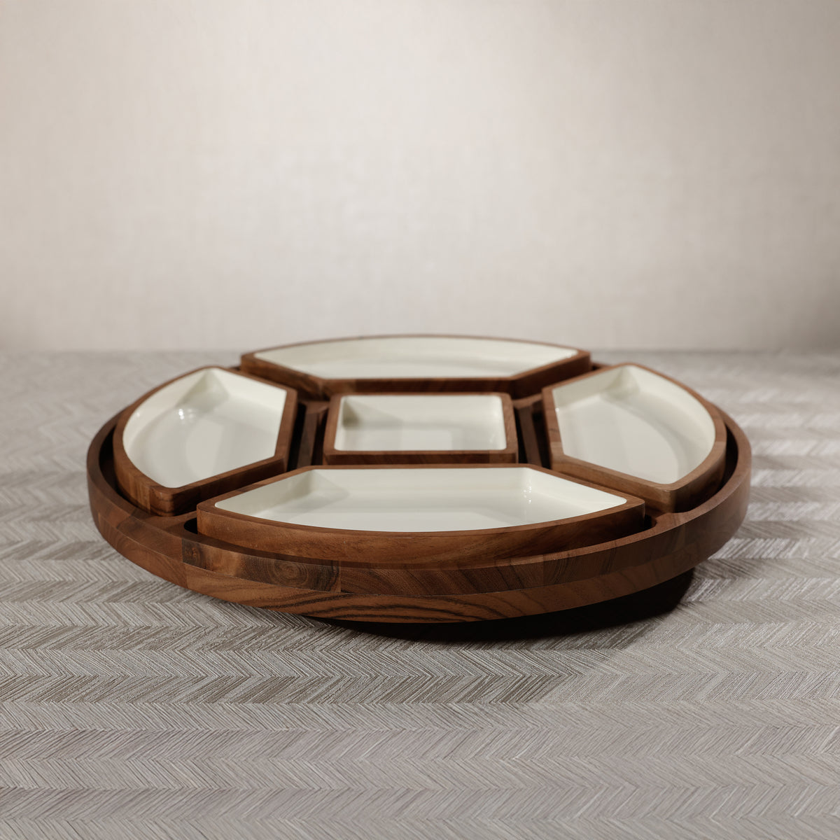 Zodax Acacia Wood Lazy Susan Serving Tray with 5 Condiment Sections