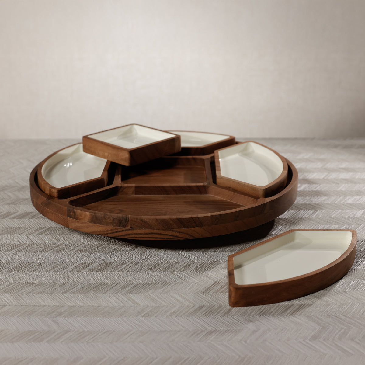 Zodax Acacia Wood Lazy Susan Serving Tray with 5 Condiment Sections