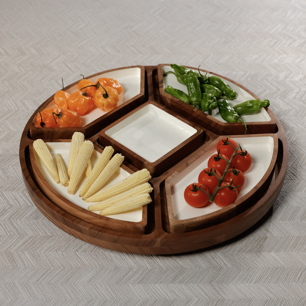 Zodax Acacia Wood Lazy Susan Serving Tray with 5 Condiment Sections