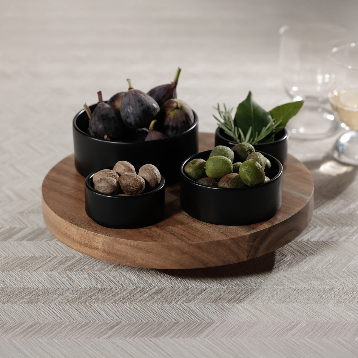 Zodax Acacia Wood Lazy Susan with 4 Condiment Bowls