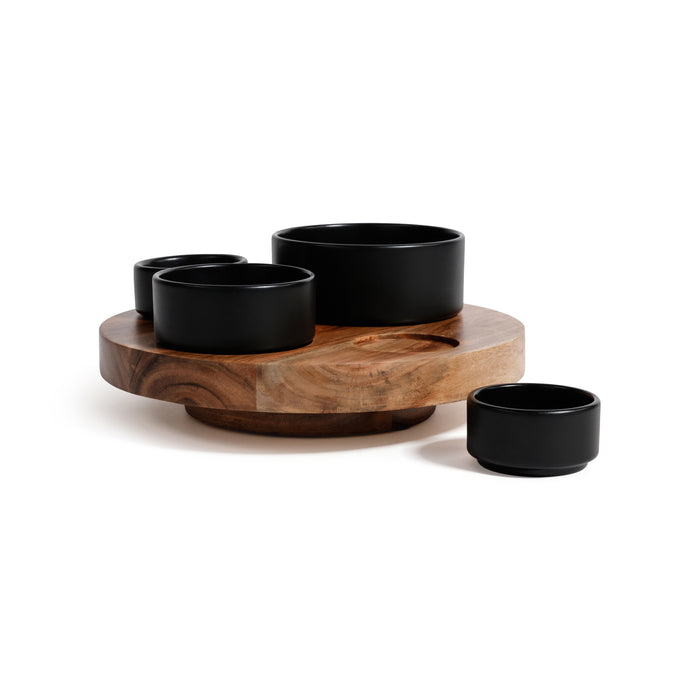 Zodax Acacia Wood Lazy Susan with 4 Condiment Bowls
