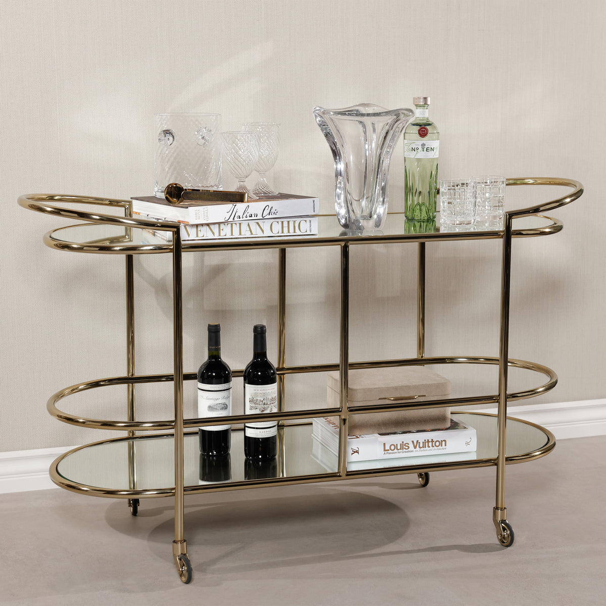 Zodax Console Bar Cart with Mirrored Shelves
