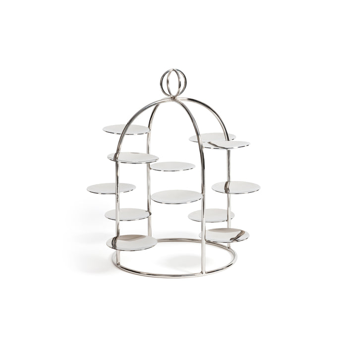 Silver cake stand with multiple tiers on a white background