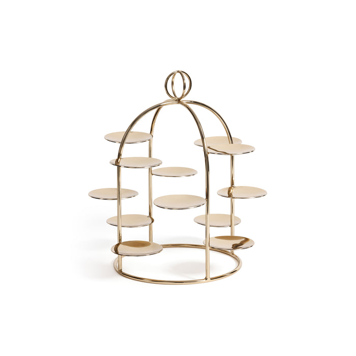 Gold cake stand with multiple tiers on a white background