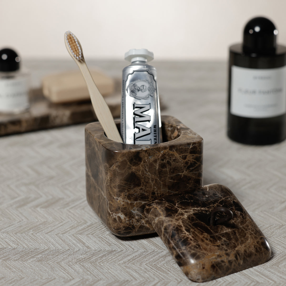 Zodax Marble Bathroom Lidded Vanity Jar - Dark Brown Marrón Emperador