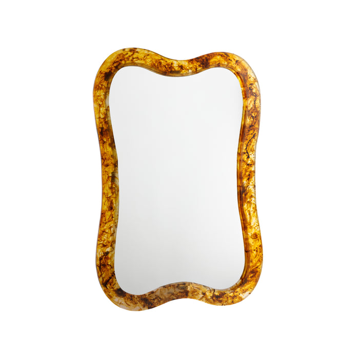 Rectangular mirror with a decorative brown frame on a white background