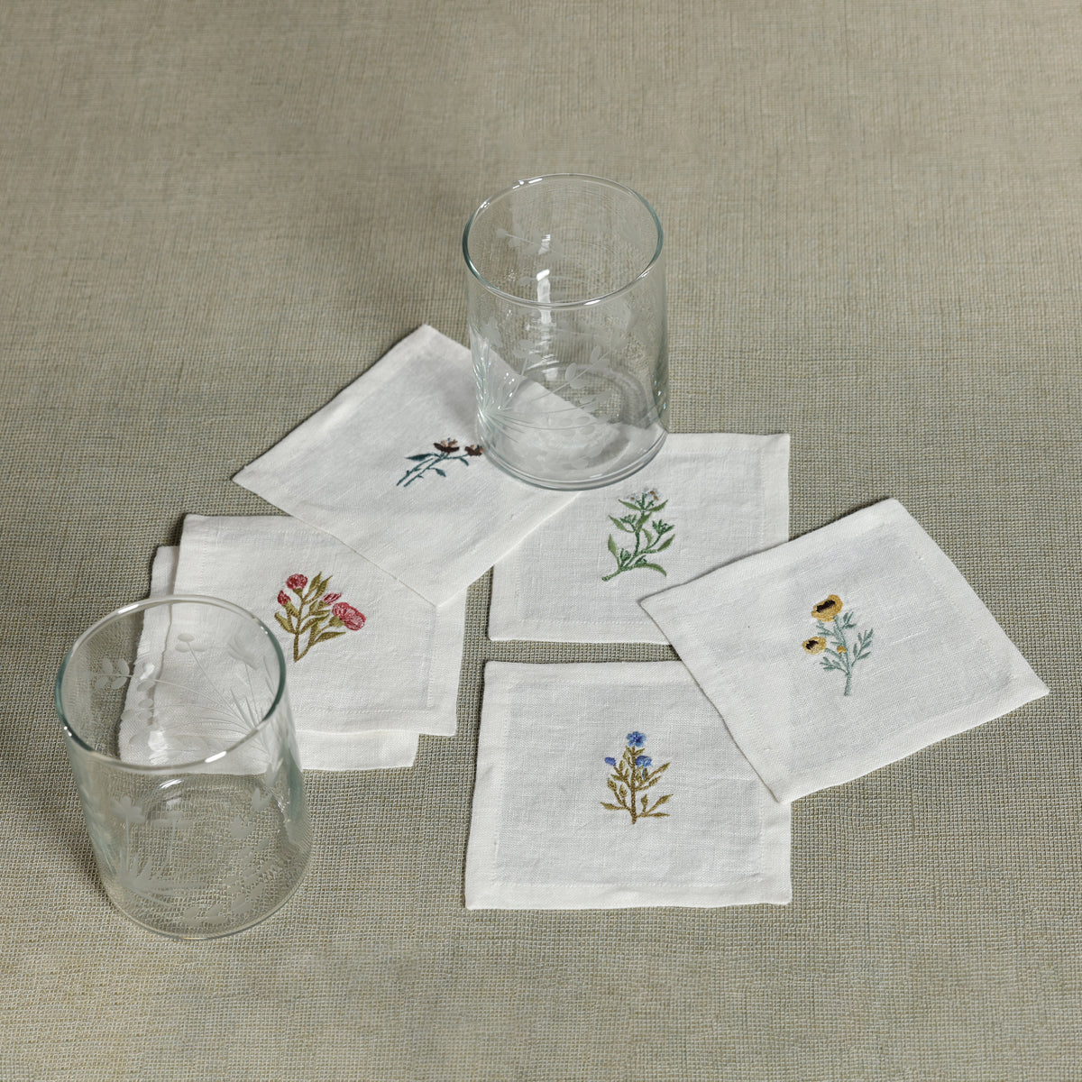Zodax Embroidered Linen Cocktail Napkins, Set of 6