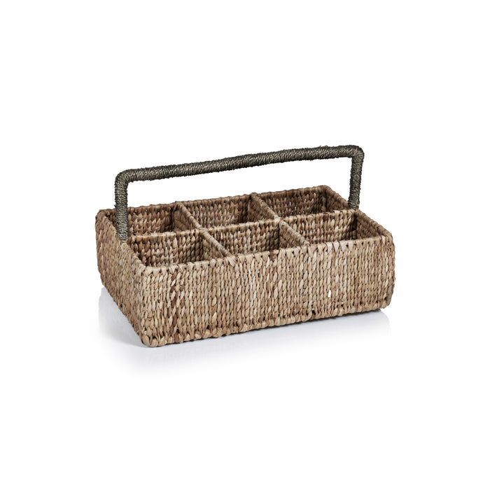 Seagrass wicker caddy with six divided compartments and a gray braided handle, natural brown tones, on white background.
