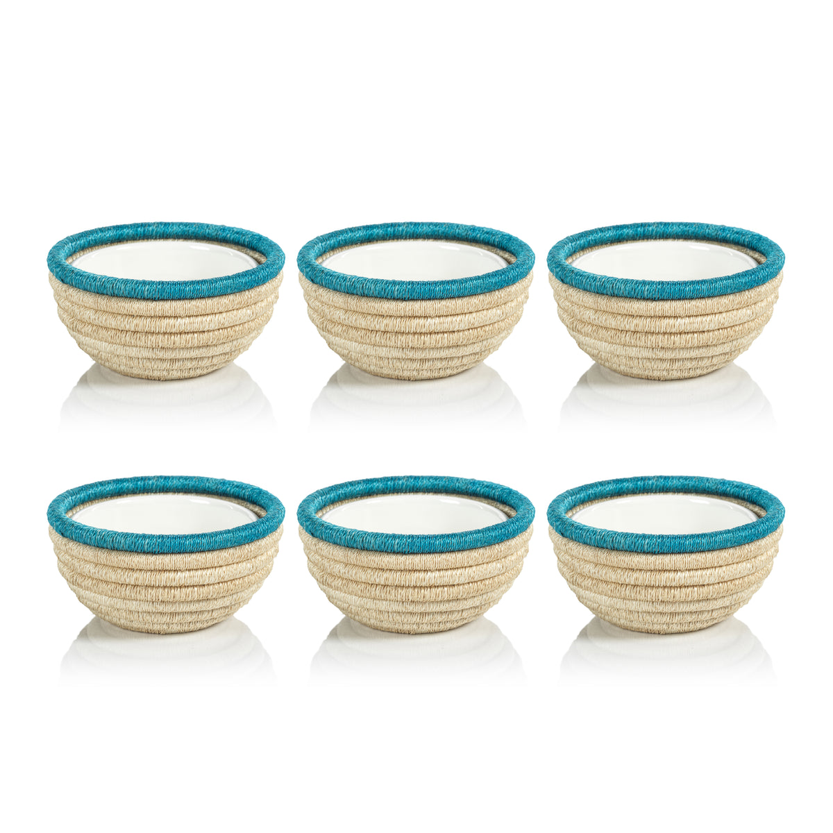 Zodax Matera 6.25"Coiled Abaca Condiment Bowls, Turquoise, Set of 6