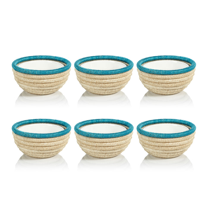 Zodax Matera 6.25"Coiled Abaca Condiment Bowls, Turquoise, Set of 6
