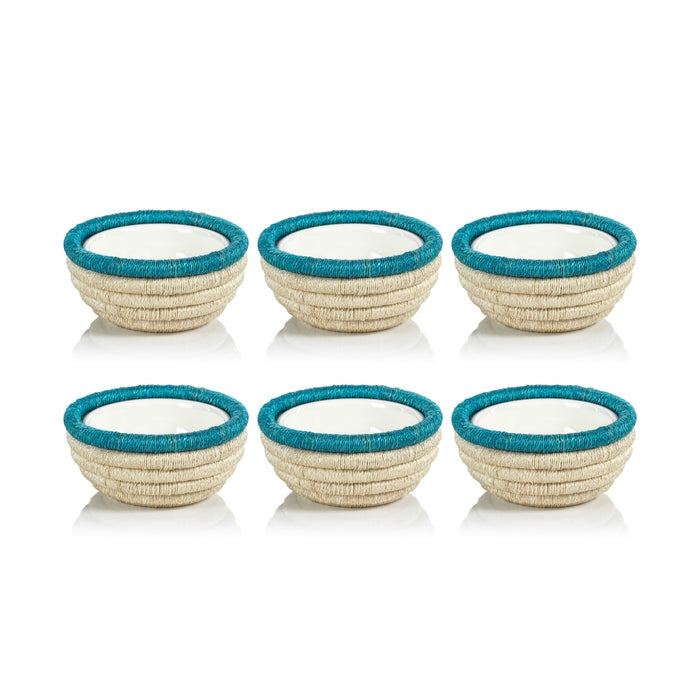 Zodax Matera 5.25"Coiled Abaca Condiment Bowls, Turquoise, Set of 6