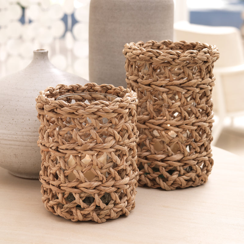 Zodax Seagrass Open Weave Hurricane with Glass Insert, 8" x 9.5"