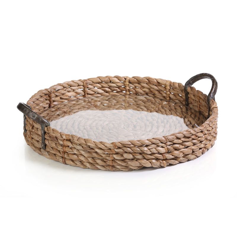 Zodax 20-Inch Diameter Seagrass Rolled Tray with Glass Insert