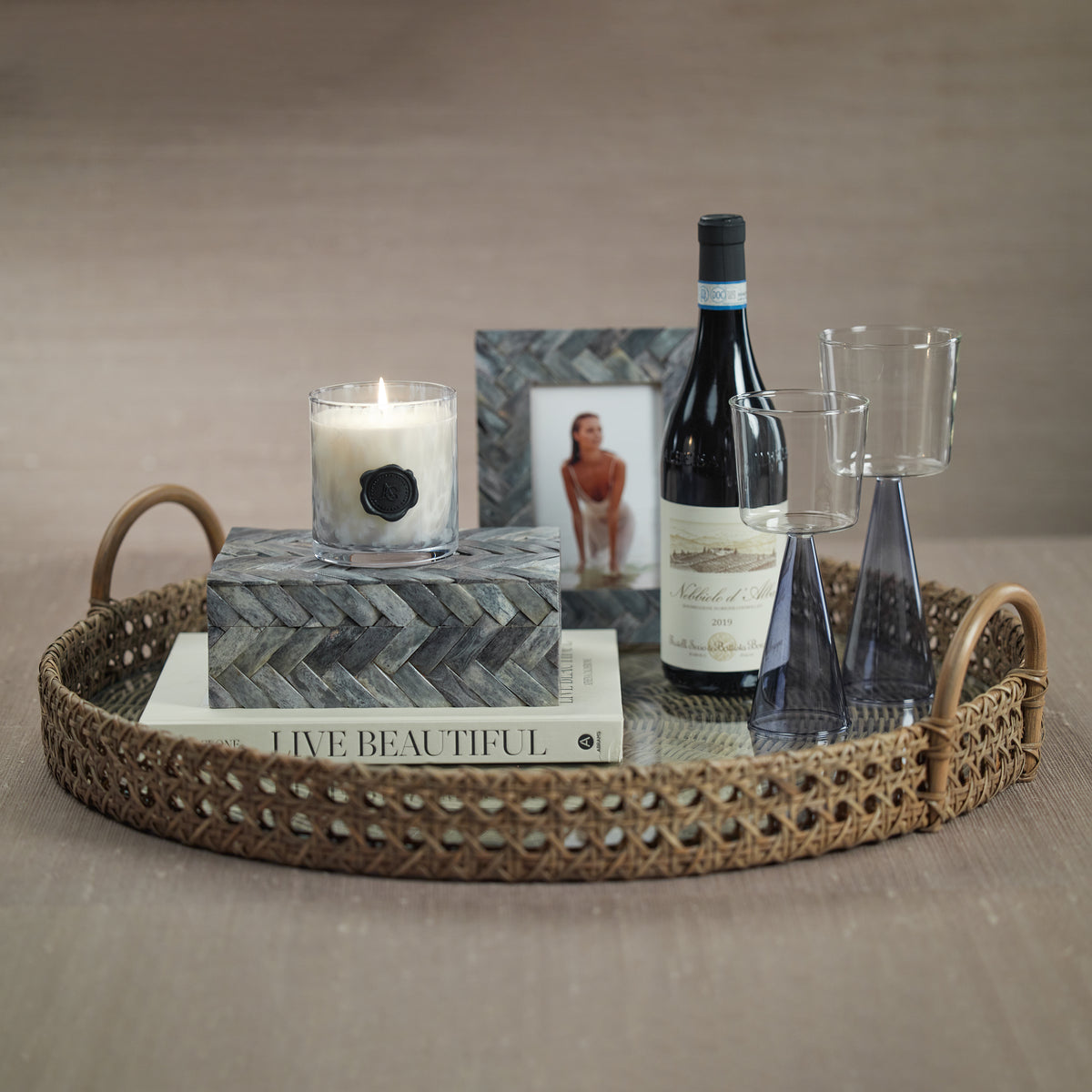 Zodax Zadar Round Open Weave Rattan Tray with Clear Glass