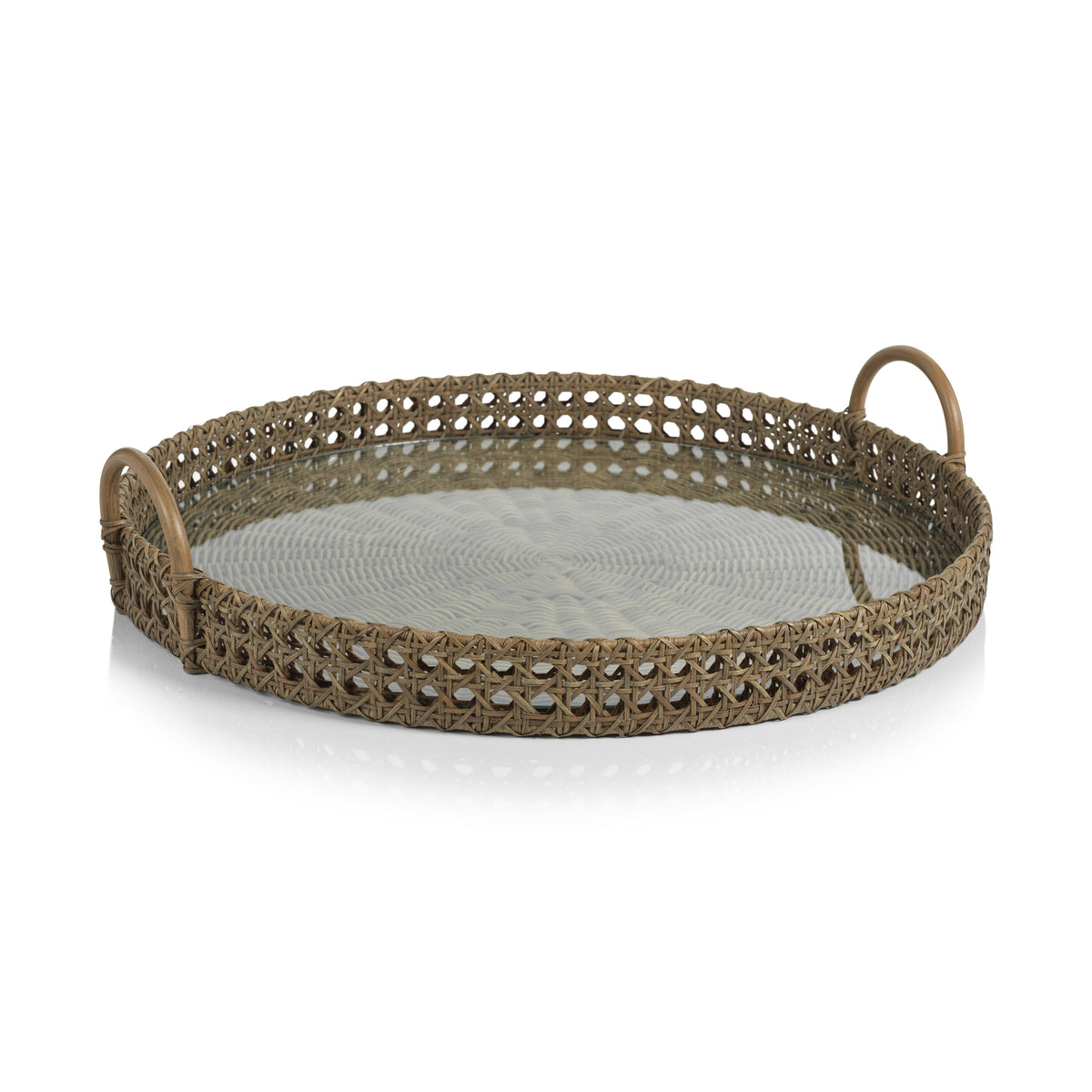 Zodax Zadar Round Open Weave Rattan Tray with Clear Glass
