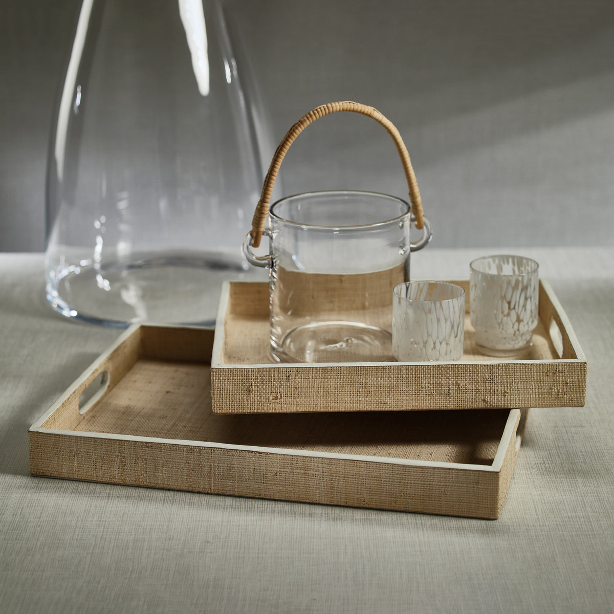 Zodax Reggio Natural Fiber Raffia Tray with Leather Trim, Small, White Leather Trim