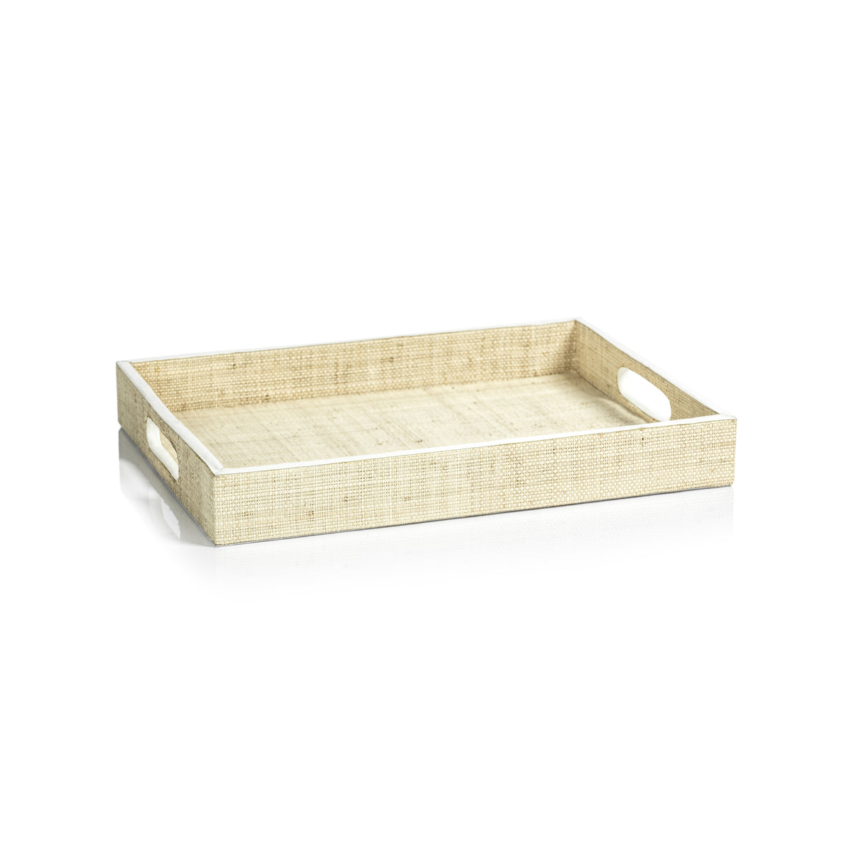 Zodax Reggio Natural Fiber Raffia Tray with Leather Trim, Small, White Leather Trim