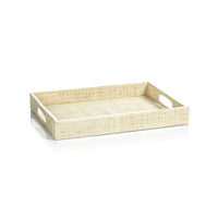Zodax Reggio Natural Fiber Raffia Tray with Leather Trim, Small, White Leather Trim