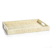 Zodax Reggio Natural Fiber Raffia Tray with Leather Trim, Large, White Leather Trim
