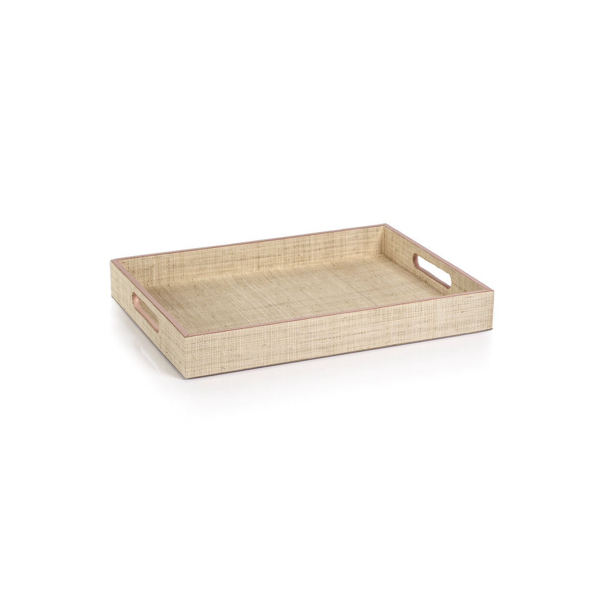 Zodax Reggio Natural Fiber Raffia Tray with Leather Trim, Small, Pink Leather Trim